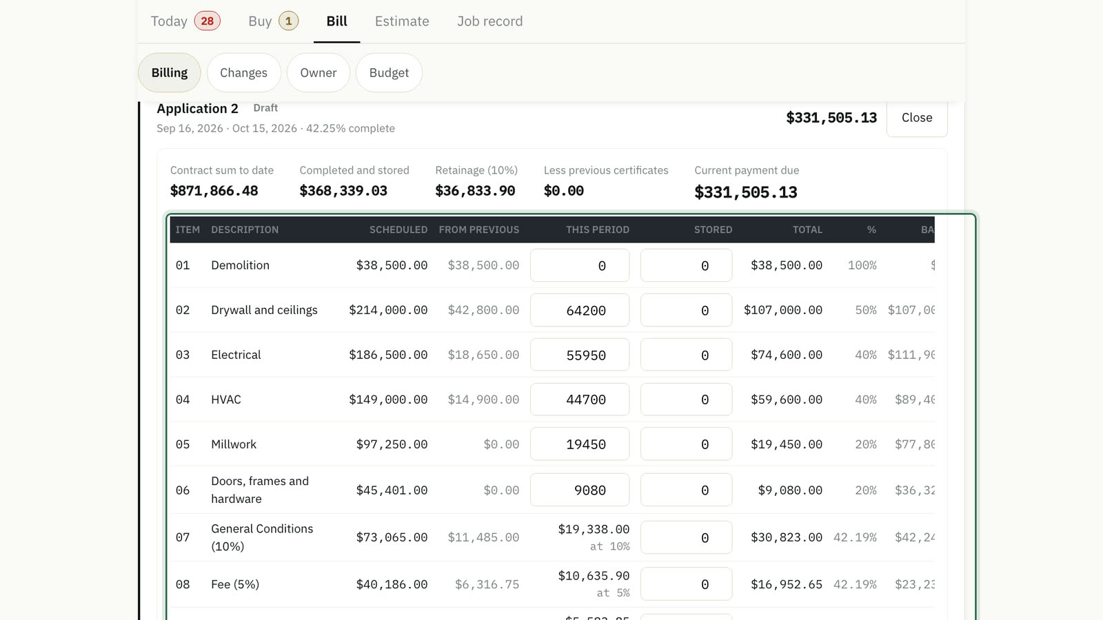 Billing desk: The G702 and G703, every line read from the schedule of values.